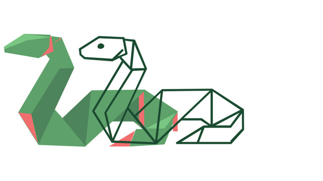 Modern green origami snake vector icon featuring an editable stroke, adjustable line weight, and customizable thin line design. Minimalist geometric serpent illustration for creative branding.