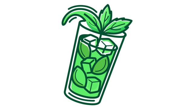 Refreshing mojito cocktail vector icon with mint leaves and ice cubes. Colorful line illustration with editable stroke, adjustable stroke weight, customizable line weight, thin line, and stroke.