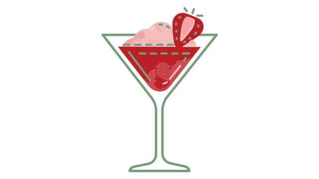 Strawberry Daiquiri Cocktail Vector Icon Illustration with Editable Stroke. Colorful line art featuring a martini glass with strawberry garnish, adjustable stroke weight, and customizable thin line.
