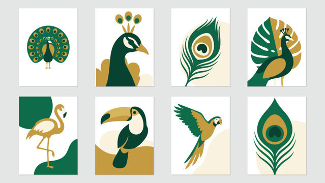 Set of eight minimalist prints featuring stylized birds including peacocks, a flamingo, a toucan, and a parrot in a color palette of deep green, gold, and white background