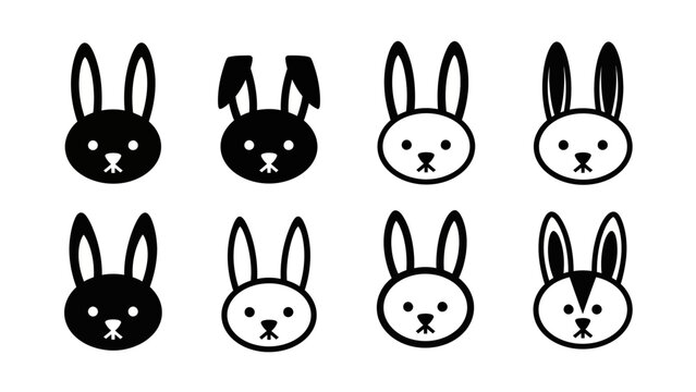 Collection of stylized rabbit faces in black and white for easter holiday decorations and crafts