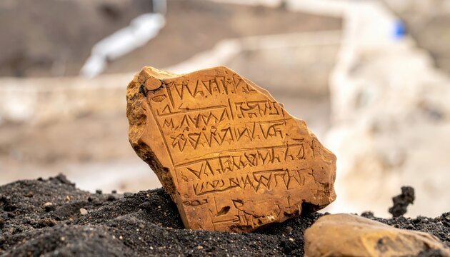 Fragmented ancient clay tablet with cuneiform script discovered at archaeological dig site.