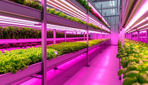 Fresh green basil growing in modern smart vertical farm under LED lights agritech concept