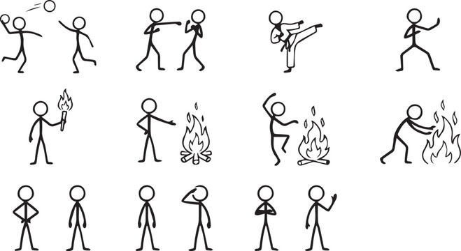 Stick figure icons set depicting various activities, martial arts, camping, and human poses