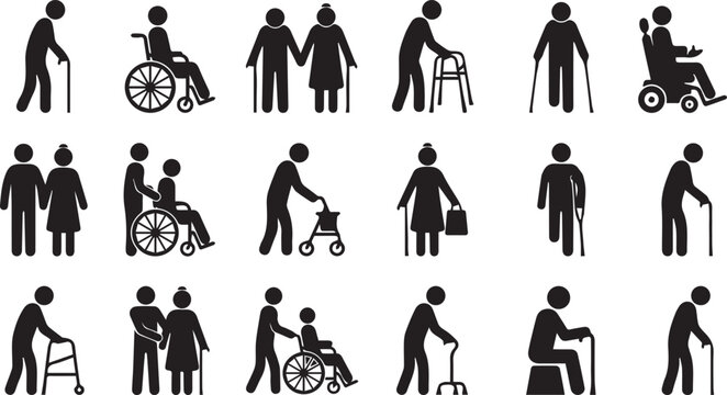 Stick figure icons set representing elderly people, disabled individuals, and senior care assistance