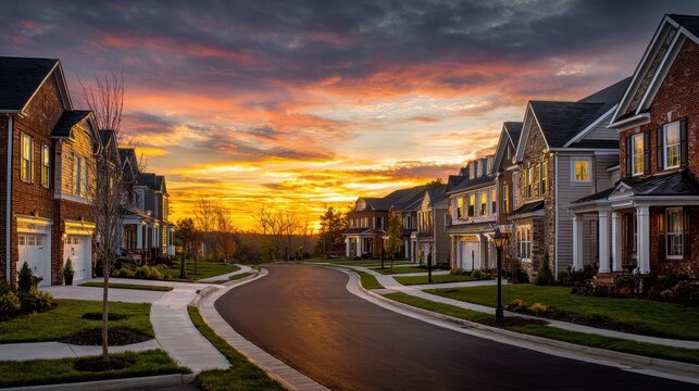 Quiet cul-de-sac in a suburban neighborhood at golden hour with two-story homes and a dramatic sunset sky