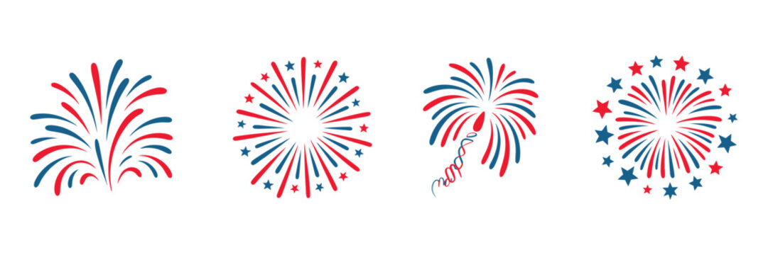 patriotic fireworks burst set for usa independence day celebration with red blue star explosion effects and festive 4th july design