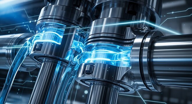 Industrial machine mechanical engine components with digital blue energy flow
