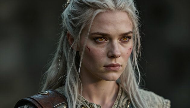 Portr&auml;t einer nordischen Fantasy Heldin mit hellen Haaren und Narben