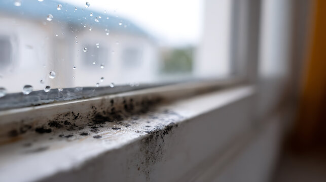 Close-up detail of mold, dirt, and water drops on an old, damp window frame, showcasing poor maintenance and a need for repair or cleaning