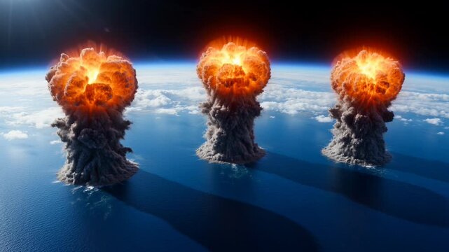 Three massive nuclear explosions over the ocean viewed from space, representing global conflict, environmental destruction, catastrophe, danger, and nuclear warfare