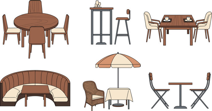 Restaurant and Cafe Furniture Vector Icon Set with Dining Tables, Booth, and Bistro Seating