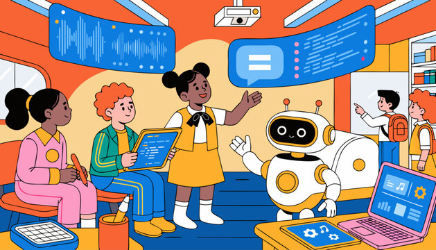 Very beautiful cheerful children learning together with a friendly educational robot inside a futuristic classroom, featuring holographic screens, colorful digital tools, and creative AI learning atmo