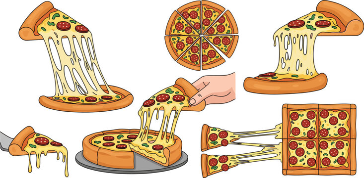 Pizza Slices and Cheesy Pull Vector Icon Set with Pepperoni Whole Pie, Hand Holding Slice, and Square Deep Dish Varieties