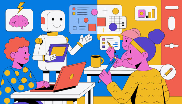 Very beautiful cheerful children learning together with a friendly educational robot inside a futuristic classroom, featuring holographic screens, colorful digital tools, and creative AI learning atmo