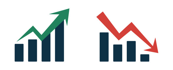 Financial arrows up and down vector graph with green and red indicators for increase decrease chart and market trend analysis, vector ©   welcome SAIFUL
