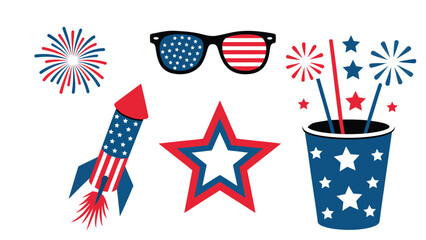 patriotic 4th july celebration icon set with fireworks rocket sunglasses star cup and festive usa independence day vector elements © Zavivec