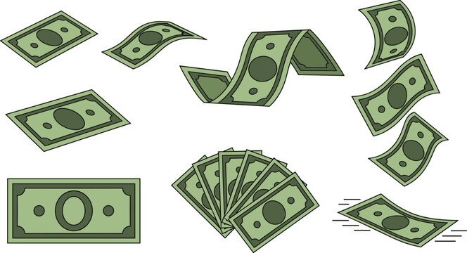 Falling Money Vector Icon Set with Wavy Flying Banknotes, Fan of Cash Bills, and Floating Currency Notes for Finance, Wealth, and Business Graphic Designs