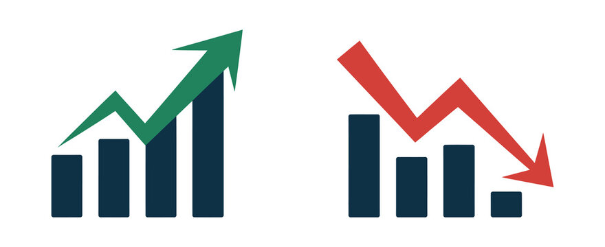 Financial arrows up and down vector graph with green and red indicators for increase decrease chart and market trend analysis, vector