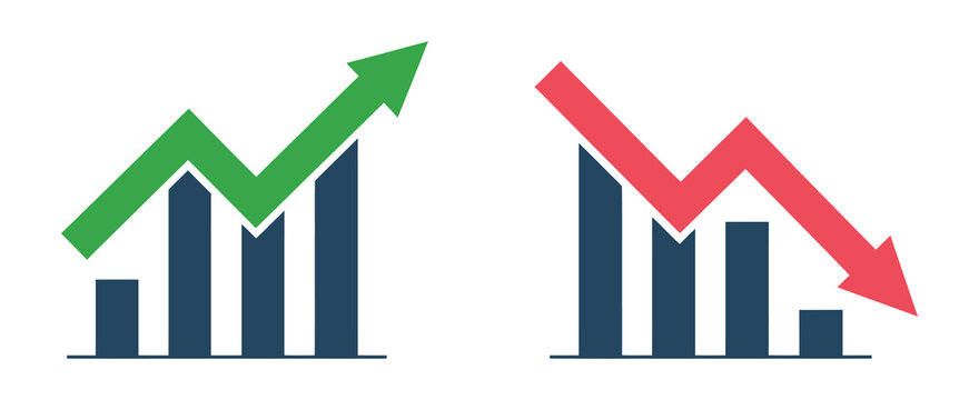 Financial arrows up and down chart showing green growth and red decline for business analytics, profit loss and market performance, vector