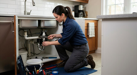 Fototapeta premium Woman plumber fixing kitchen sink. Female worker using wrench on pipes under cabinet. Home maintenance and plumbing repair service concept