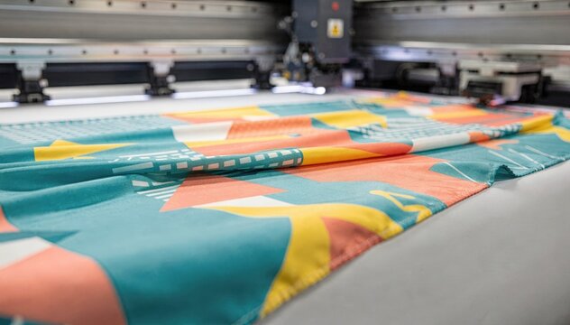 Detailed medium shot showing the printing process on soft modal fabric with bright modern textile designs emerging vividly on the lightweight scarf surface before finishing.
