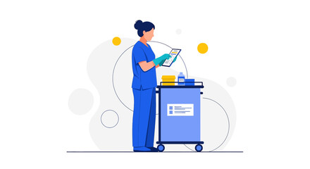 Fototapeta premium Nurse with Medical Cart, Digital Tablet, and Supplies - Healthcare Concept