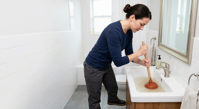 Woman using a plunger to unclog a dirty bathroom sink. Female homeowner fixing a plumbing blockage. Domestic chores and DIY home maintenance concept