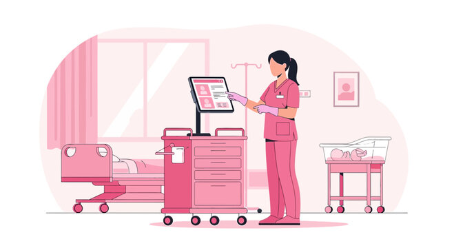 Nurse Using Digital Tablet in Modern Hospital Room with Newborn Bassinet and Medical Equipment