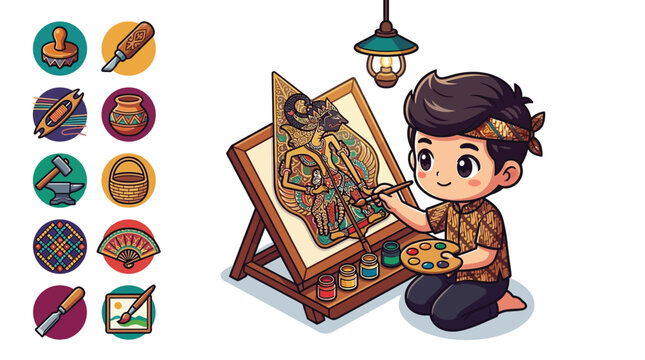 Cute chibi boy in traditional Indonesian batik painting a Wayang Kulit puppet on an easel, featuring a set of cultural craft icons for weaving, pottery, and woodcarving tools.