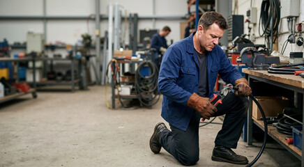 Fototapeta premium Male electrician wearing leather gloves and cutting a thick black cable with large pliers. Industrial worker performing maintenance in a workshop. Electrical repair and manual labor concept