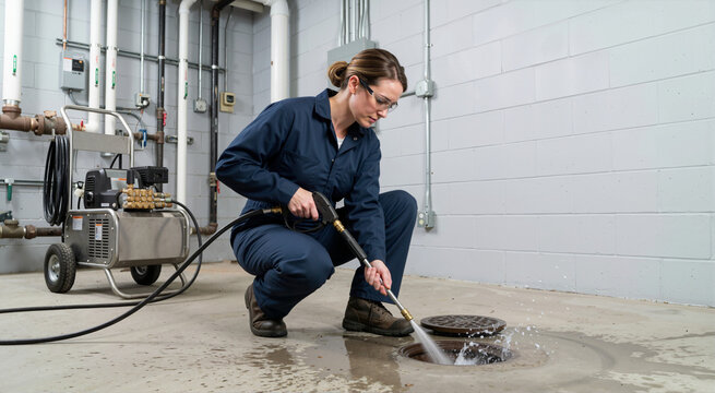 Female maintenance worker in a blue coverall using a pressure washer to flush a floor drain. Professional plumber unclogging a drain in an industrial utility room