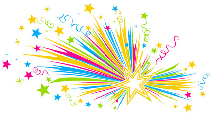 Bright colorful star burst explosion with confetti and streamers, in bright studio. © Sofia