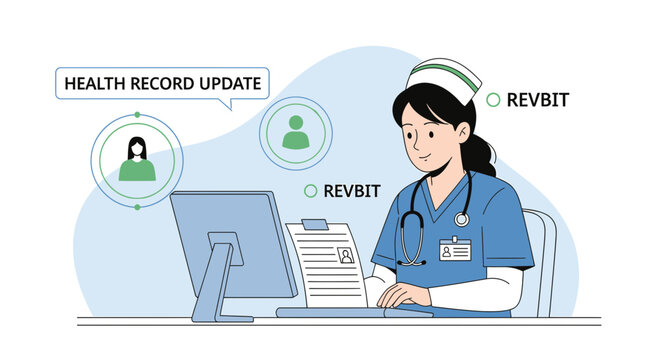 Nurse updating health record on computer, telemedicine and radiology screening concept