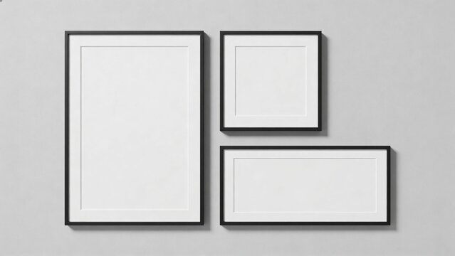  features a minimalist layout with three empty picture frames arranged against a plain, light gray background. The frames are simple and modern, with thin black borders and wide white mats. Two frames