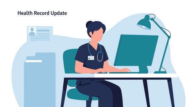 Nurse Updating Health Record on Computer, Modern Healthcare Technology