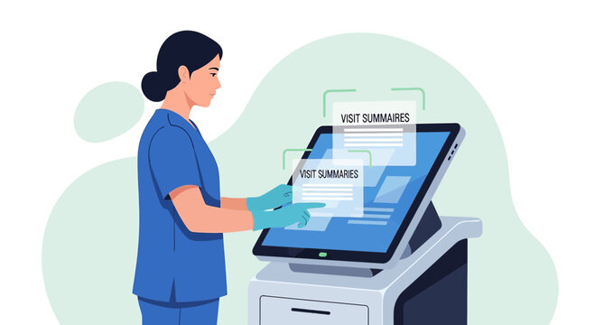 Nurse using digital kiosk for patient visit summaries and health records