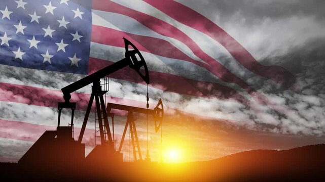 The change in oil prices caused by the war. Oil price cap concept. Oil drilling derricks at desert oilfield with USA flag. Crude oil production from the ground. Petroleum production.