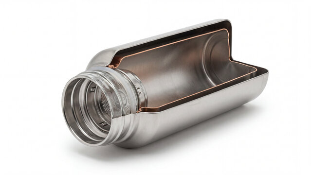 Metallic bottle cutaway showcasing internal structure on white background