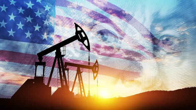 Oil price cap concept. Petroleum, petrodollar and crude oil concept. Oil pump on background of US dollar and USA flag. Dollar and oil pumps