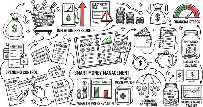 hand drawn personal finance management doodle infographic with budgeting saving investment expense tracking wealth planning and smart money strategy sketch illustration