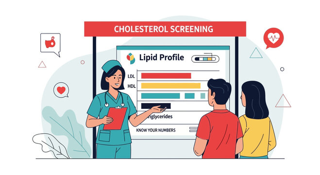 Nurse Explains Lipid Profile Results to Patients During Cholesterol Screening
