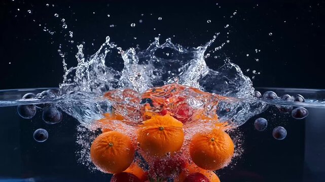 Fresh whole oranges falling into water with a dynamic clear splash against a dark background