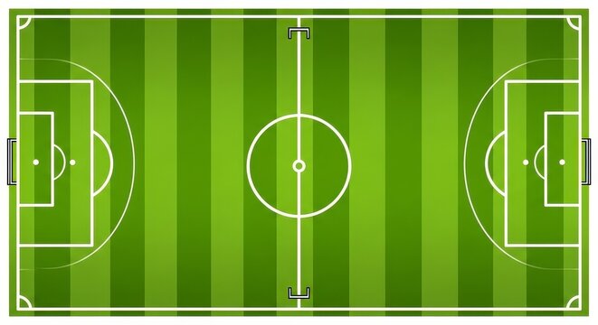 Aerial view of a green soccer field with white markings, showing goals, center circle and lines.