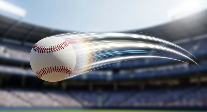 Motion blur effect of baseball flying through stadium atmosphere.