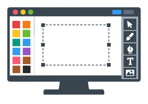 Graphic design application interface showing a selected shape on a computer monitor, featuring a toolbox and color options