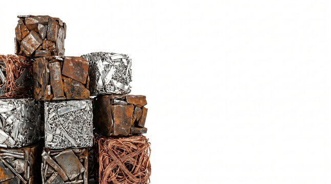 Compressed blocks of steel scrap metal and copper wire on the left third of a pure white background