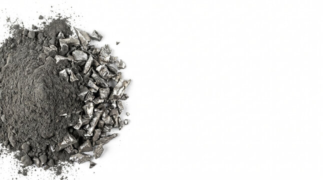 Fine dark grey lithium carbonate powder and metallic lithium scraps from battery recycling on the left of a white background with wide copy space