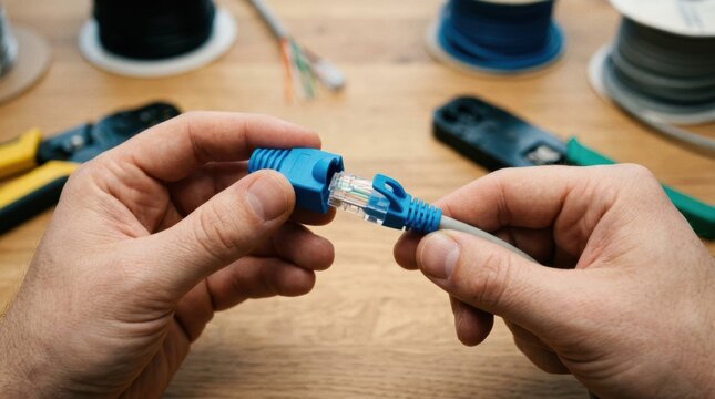 Closeup medium shot of hands attaching a colored boot to a modular plug emphasizing protective and aesthetic features in cable termination.