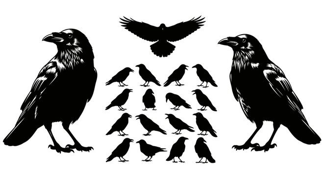 Black raven silhouette collection, set of 19 crow bird vector icons, gothic corvid illustrations for halloween and occult designs